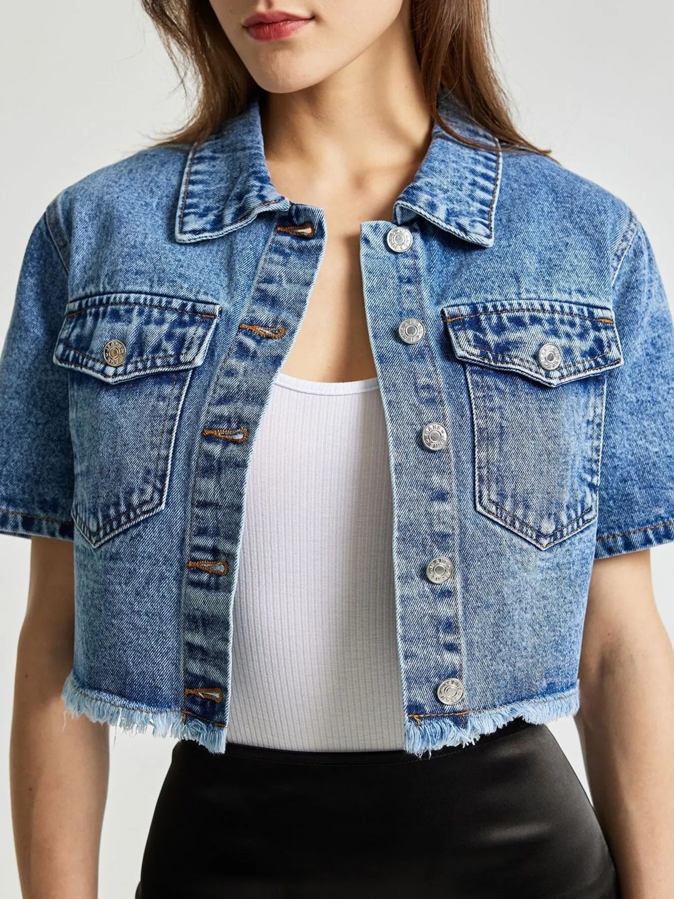 Cropped Short Sleeve Denim Jacket with Frayed Hem - Velora Luxury Fashion