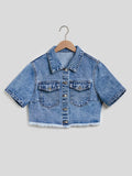 Cropped Short Sleeve Denim Jacket with Frayed Hem - Velora Luxury Fashion