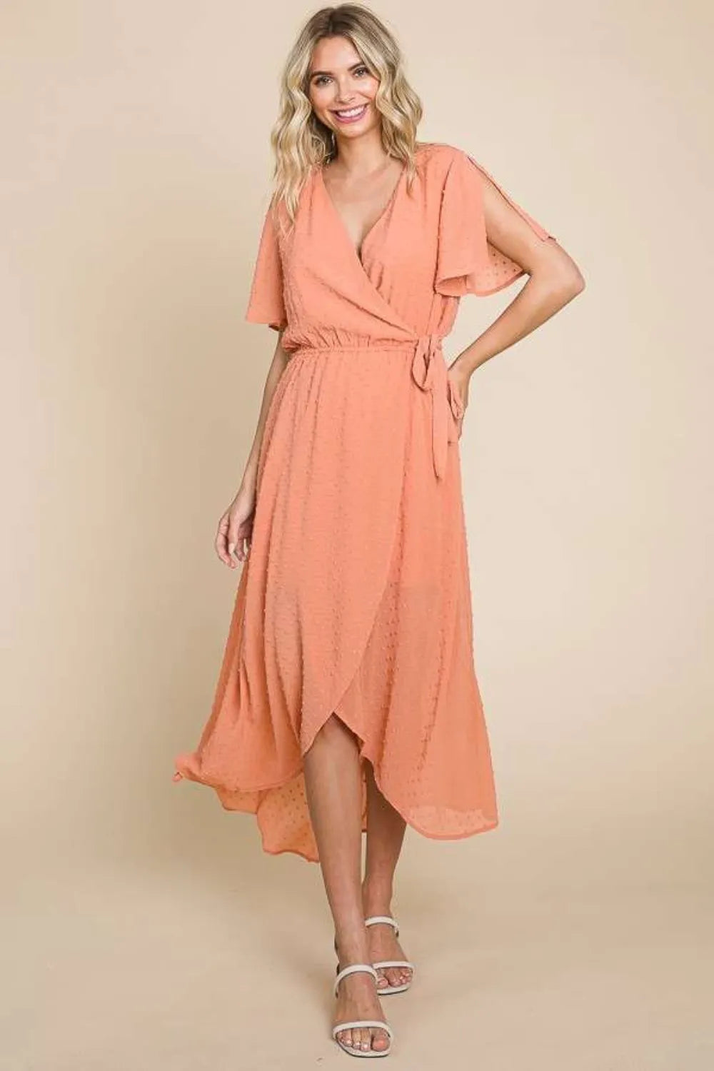 Culture Code Full Size Swiss Dot Tied Slit Short Sleeve Dress - Velora Luxury Fashion