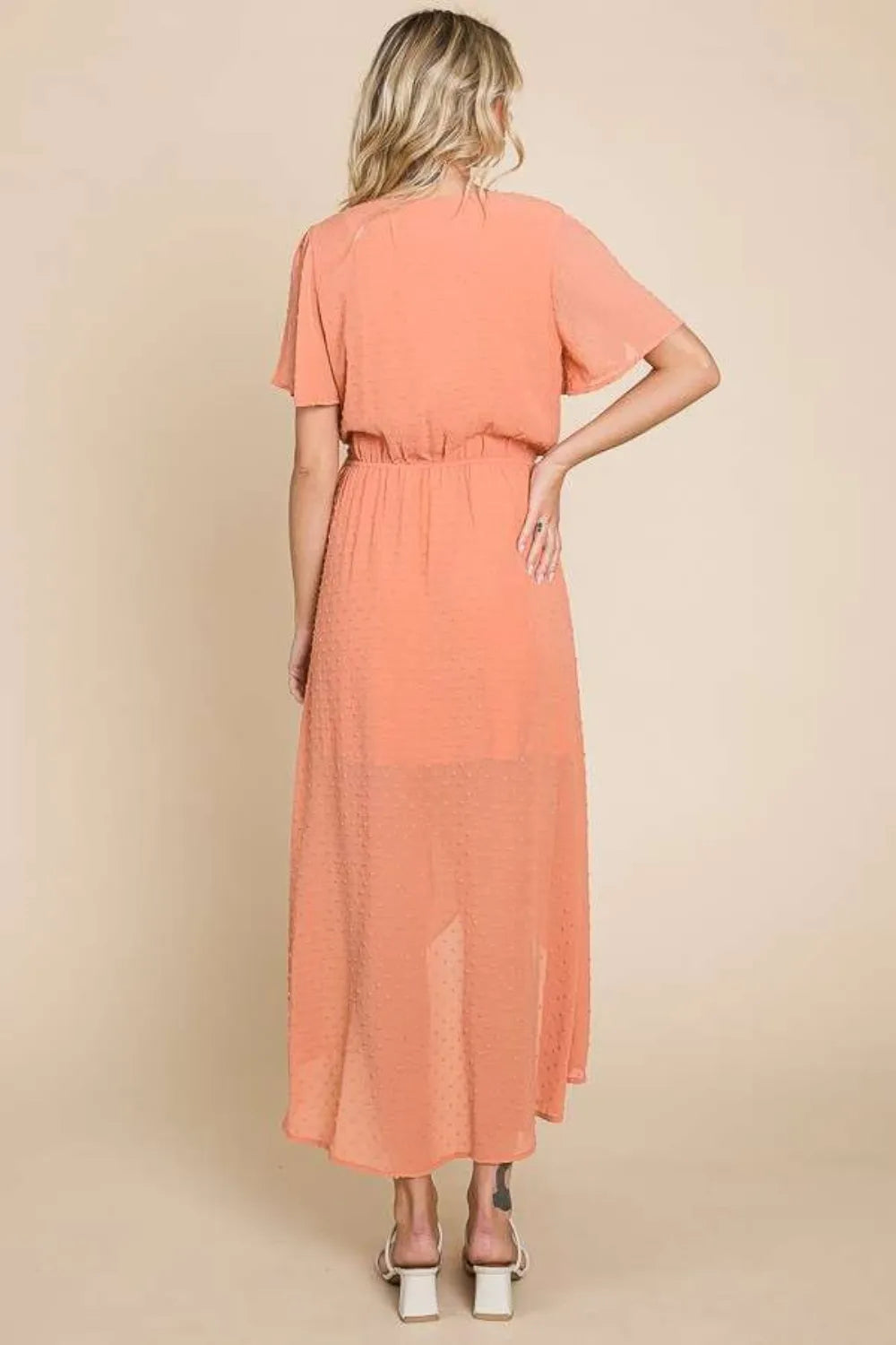 Culture Code Full Size Swiss Dot Tied Slit Short Sleeve Dress - Velora Luxury Fashion