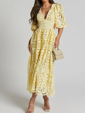 Cutout Back Lace Crochet V-Neck Dress - Velora Luxury Fashion
