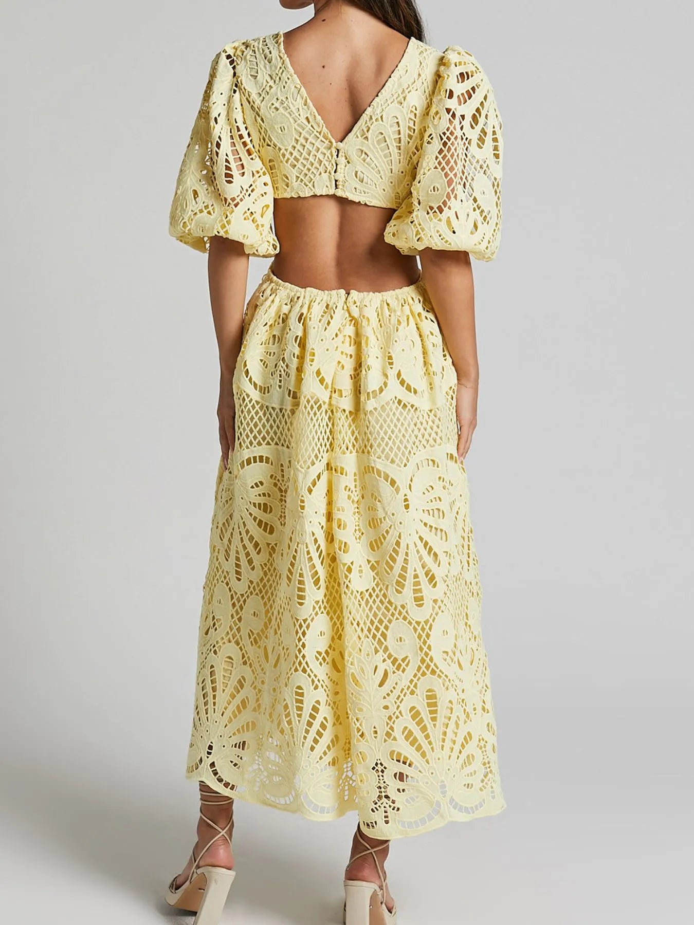 Cutout Back Lace Crochet V-Neck Dress - Velora Luxury Fashion