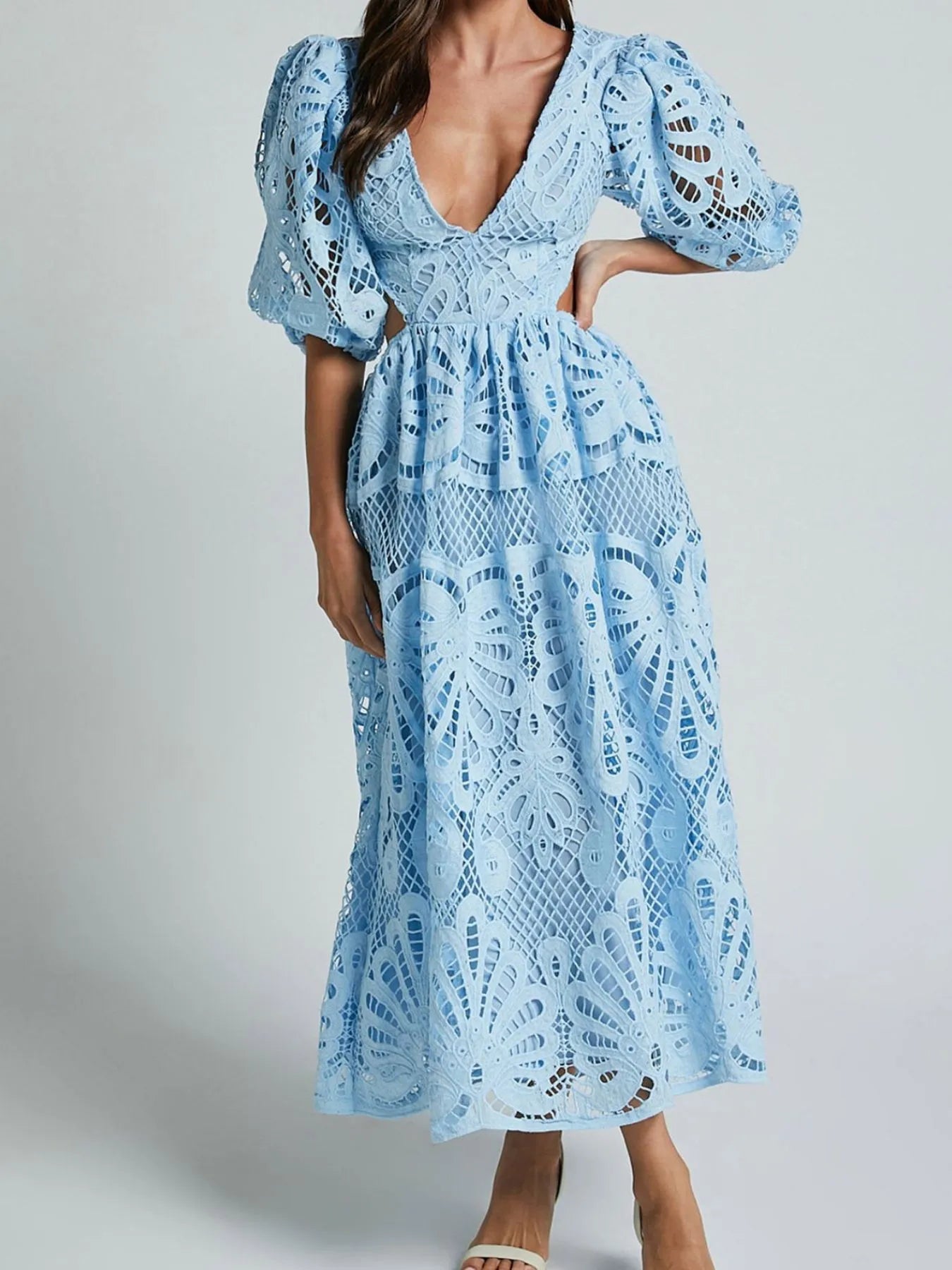 Cutout Back Lace Crochet V-Neck Dress - Velora Luxury Fashion