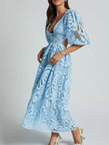 Cutout Back Lace Crochet V-Neck Dress - Velora Luxury Fashion