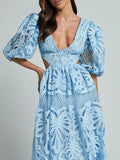 Cutout Back Lace Crochet V-Neck Dress - Velora Luxury Fashion