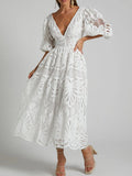 Cutout Back Lace Crochet V-Neck Dress - Velora Luxury Fashion