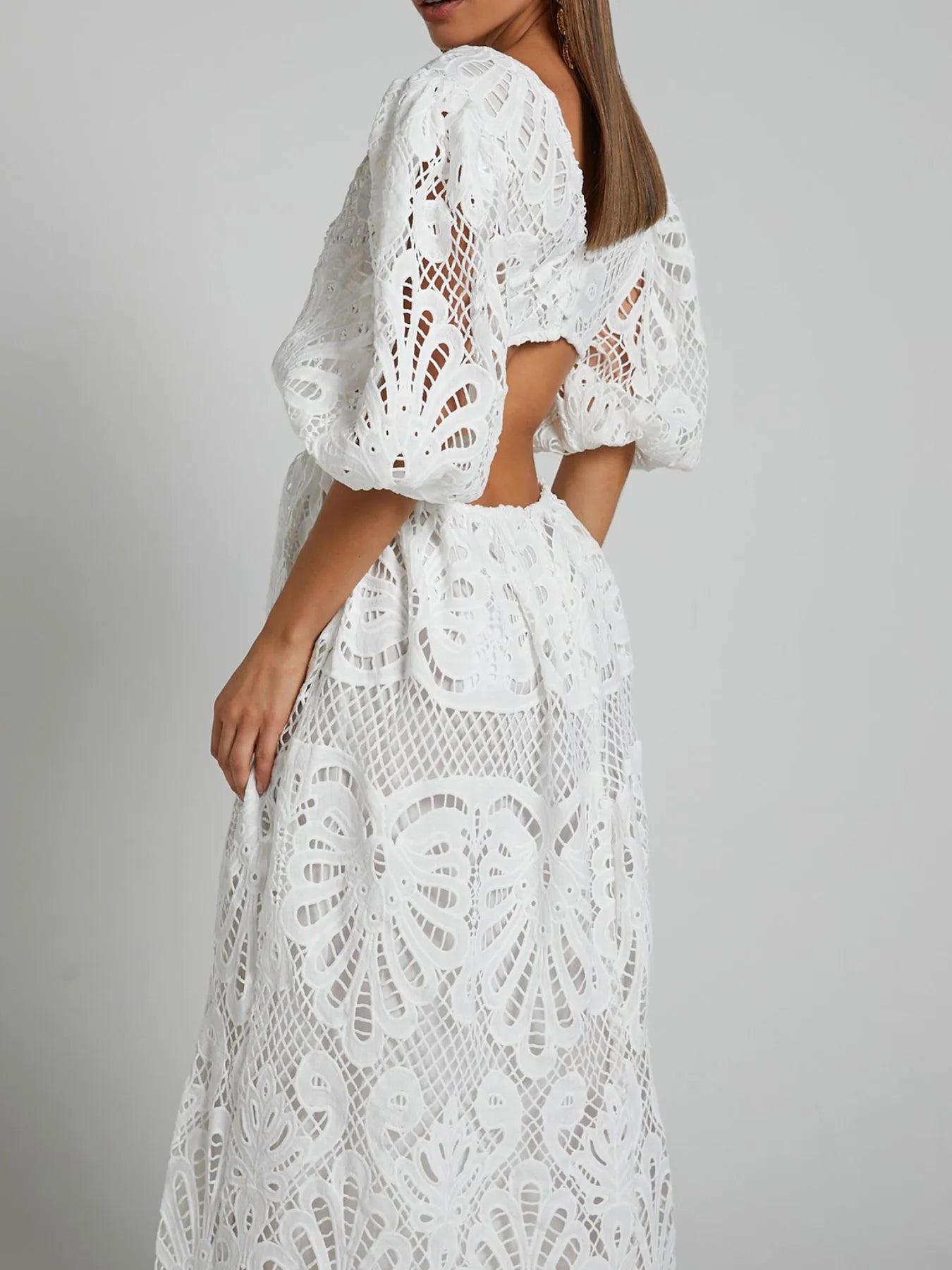 Cutout Back Lace Crochet V-Neck Dress - Velora Luxury Fashion