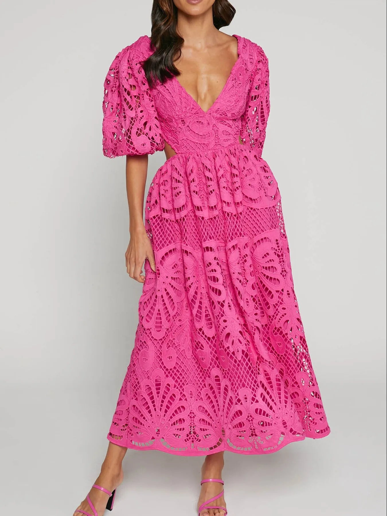 Cutout Back Lace Crochet V-Neck Dress - Velora Luxury Fashion