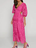 Cutout Back Lace Crochet V-Neck Dress - Velora Luxury Fashion