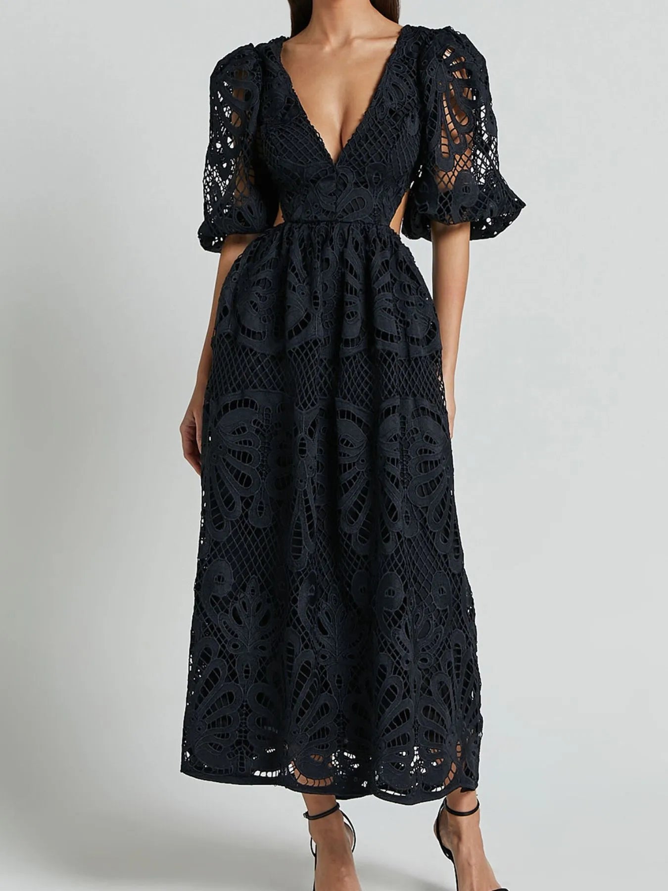 Cutout Back Lace Crochet V-Neck Dress - Velora Luxury Fashion