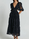 Cutout Back Lace Crochet V-Neck Dress - Velora Luxury Fashion