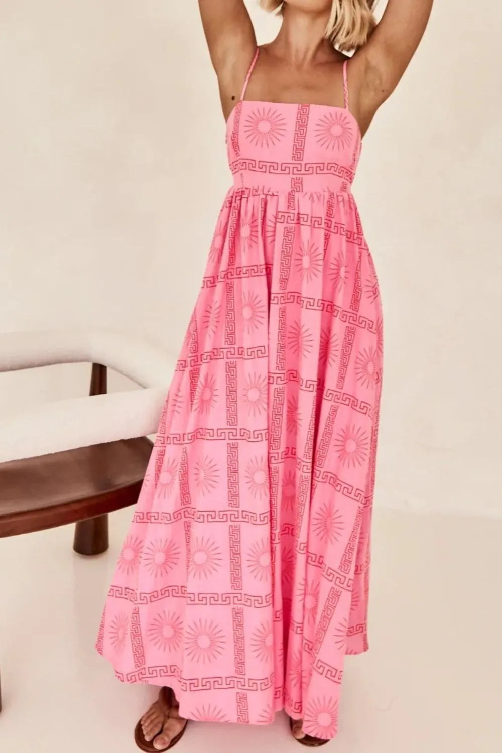 Cutout Back Printed Square Neck Maxi Cami Dress - Velora Luxury Fashion