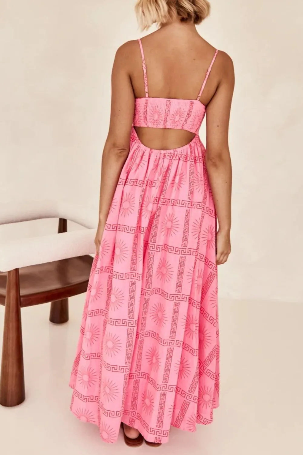 Cutout Back Printed Square Neck Maxi Cami Dress - Velora Luxury Fashion