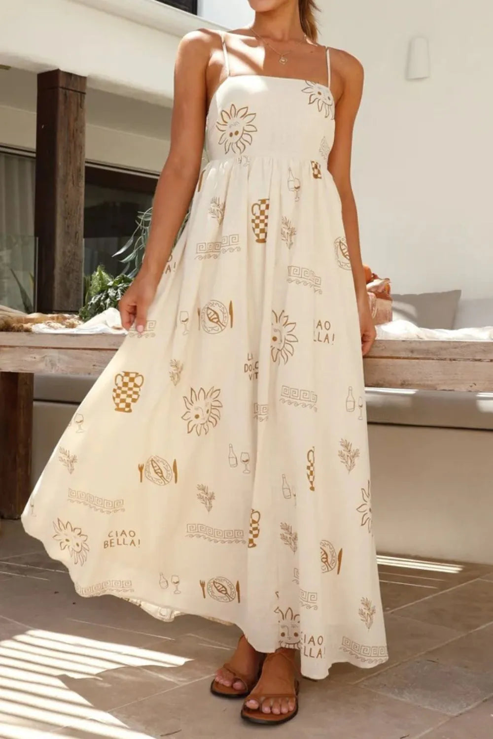 Cutout Back Printed Square Neck Maxi Cami Dress - Velora Luxury Fashion