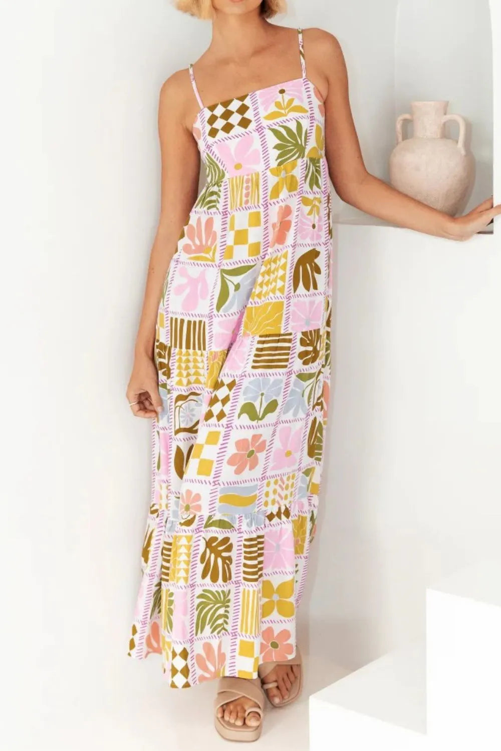 Cutout Back Printed Square Neck Maxi Cami Dress - Velora Luxury Fashion