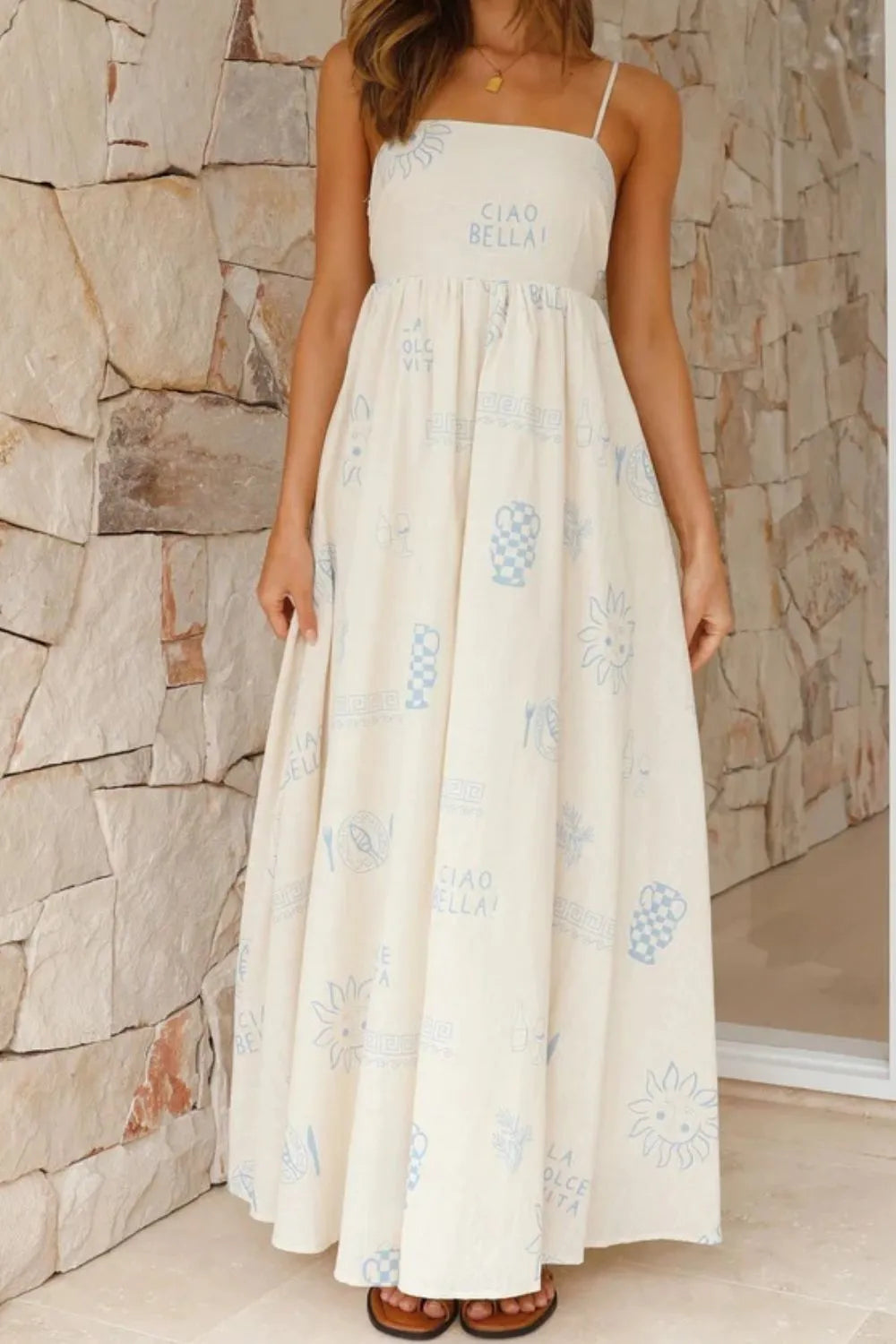 Cutout Back Printed Square Neck Maxi Cami Dress - Velora Luxury Fashion