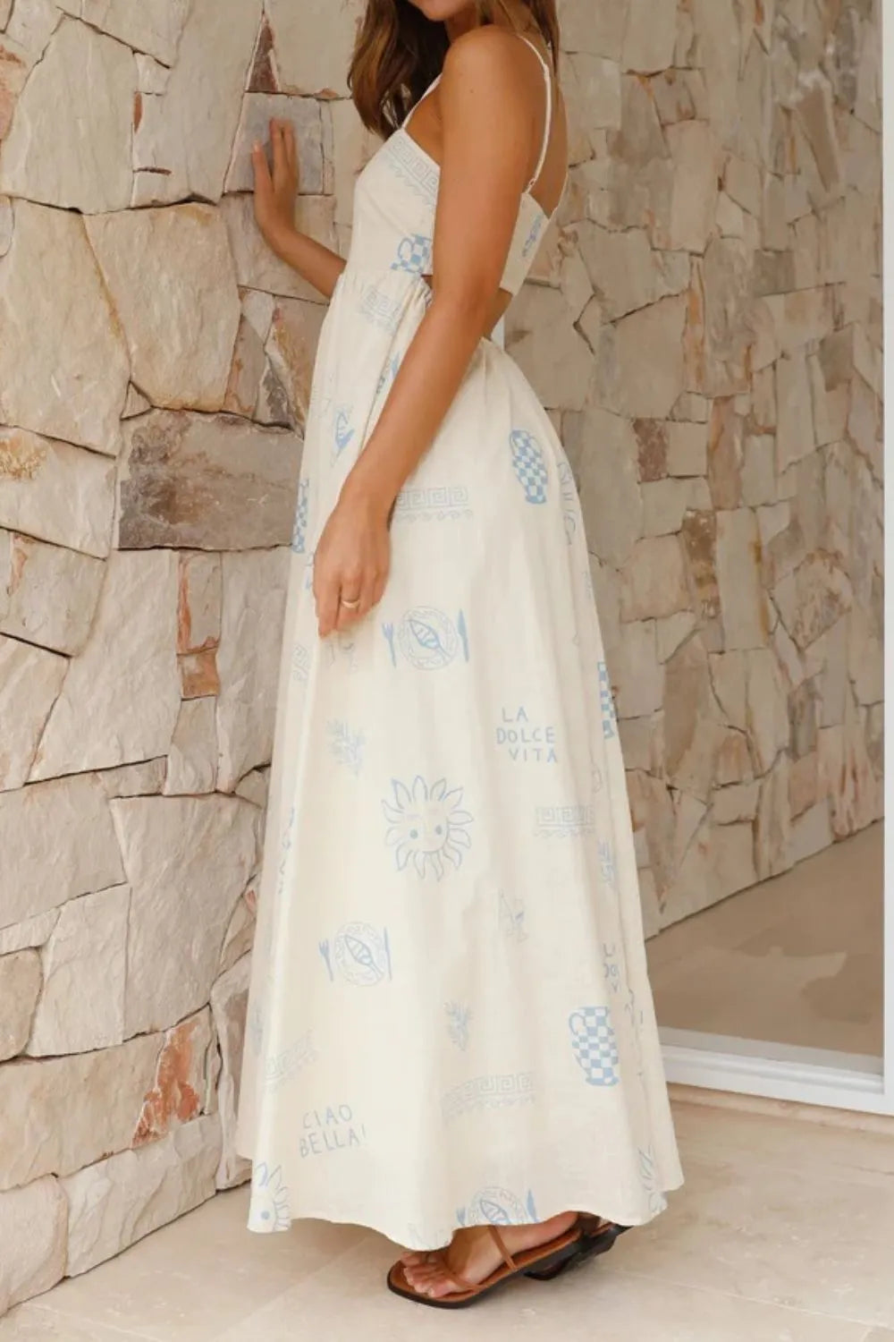 Cutout Back Printed Square Neck Maxi Cami Dress - Velora Luxury Fashion