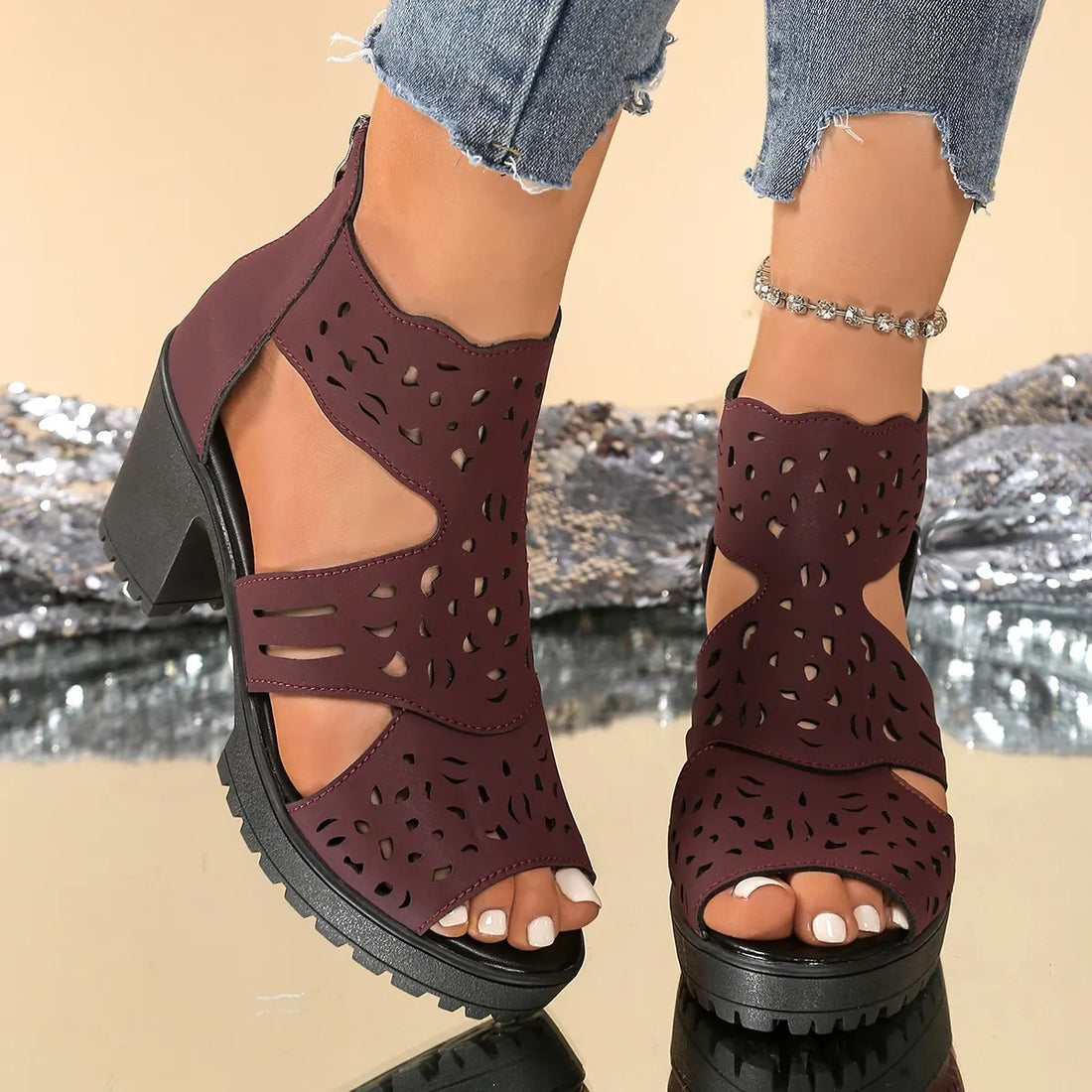 Cutout Block Heels Sandals - Velora Luxury Fashion