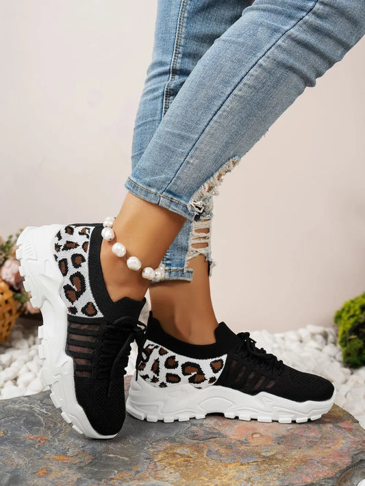 Cutout Leopard Lace Up Mesh Athletic - Velora Luxury Fashion
