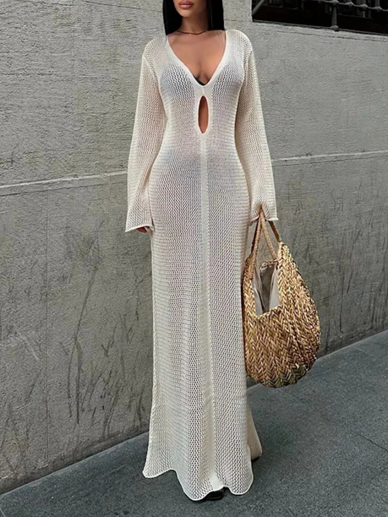 Cutout Long Sleeve Knit Cover-Up Maxi Dress - Velora Luxury Fashion