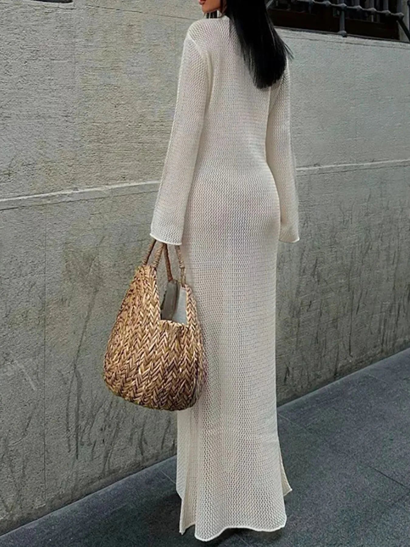 Cutout Long Sleeve Knit Cover-Up Maxi Dress - Velora Luxury Fashion