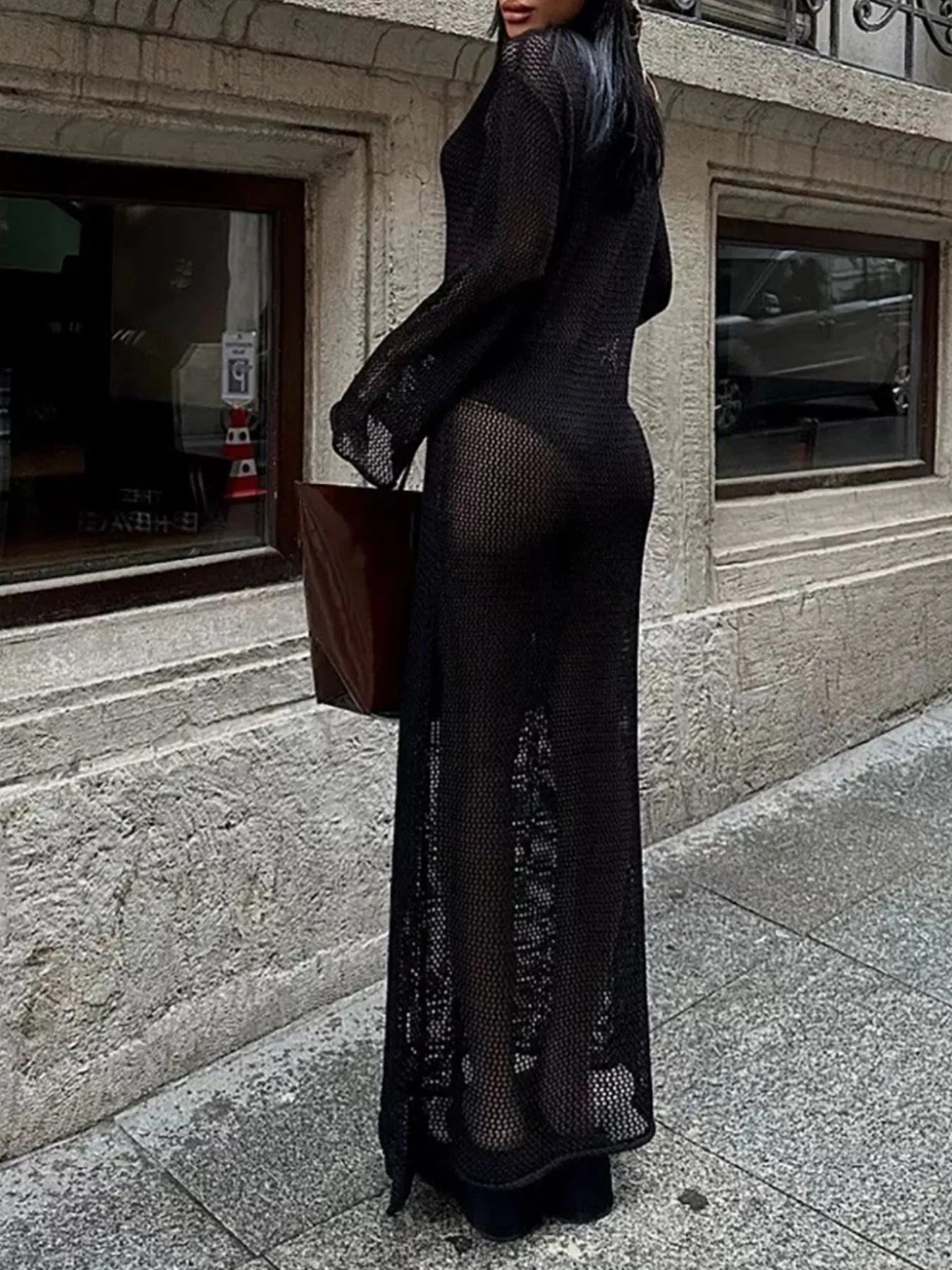 Cutout Long Sleeve Knit Cover-Up Maxi Dress - Velora Luxury Fashion