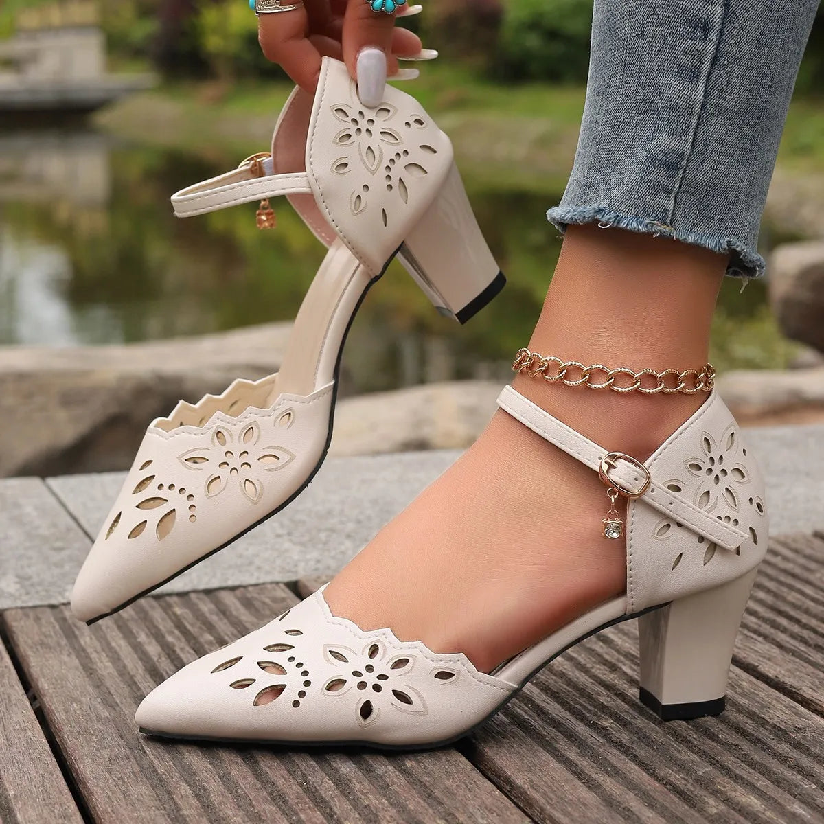 Cutout Point Toe Block Heels Sandals - Velora Luxury Fashion