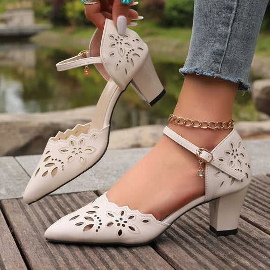 Cutout Point Toe Block Heels Sandals - Velora Luxury Fashion