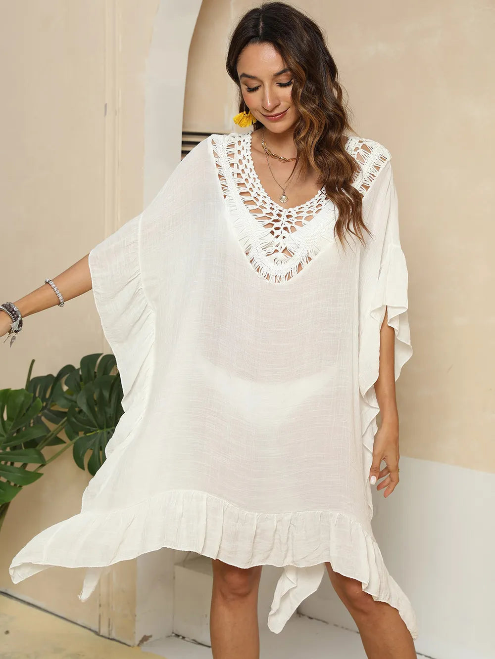 Cutout Ruffled Half Sleeve Cover-Up - Velora Luxury Fashion