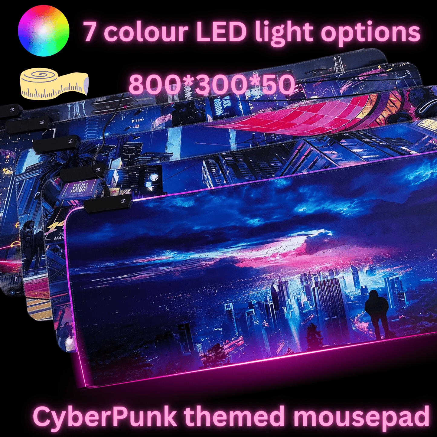Cyberpunk Night City Dystopian LED Mouse Mat Mouse Pad 7 led lights smooth surface - Velora Luxury Fashion