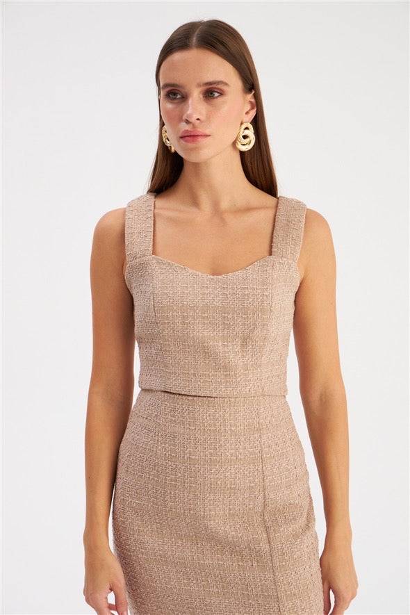 Strap Tweed Crop Blouse - Beige