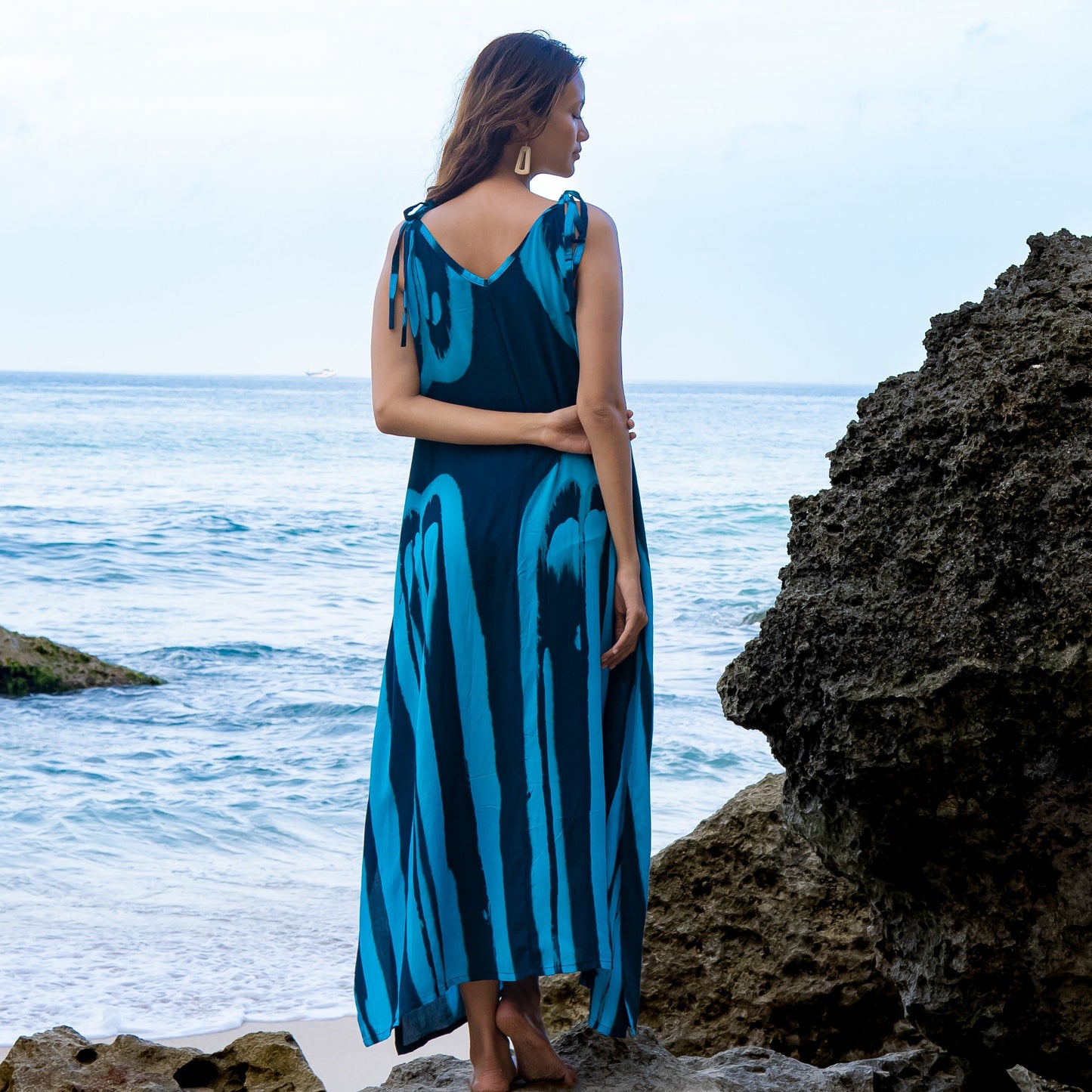 Bold Abstract Tie Dye Long Dress In Teal & Black