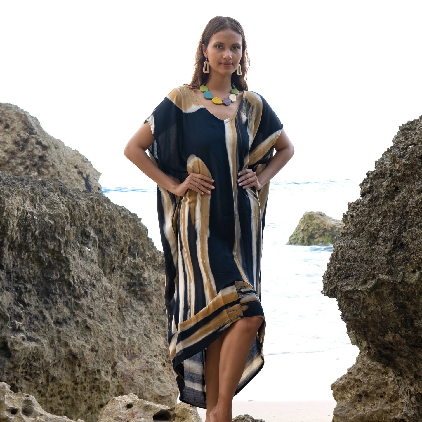 Bold Abstract Tie Dye Kaftan Dress In Grey & Gold