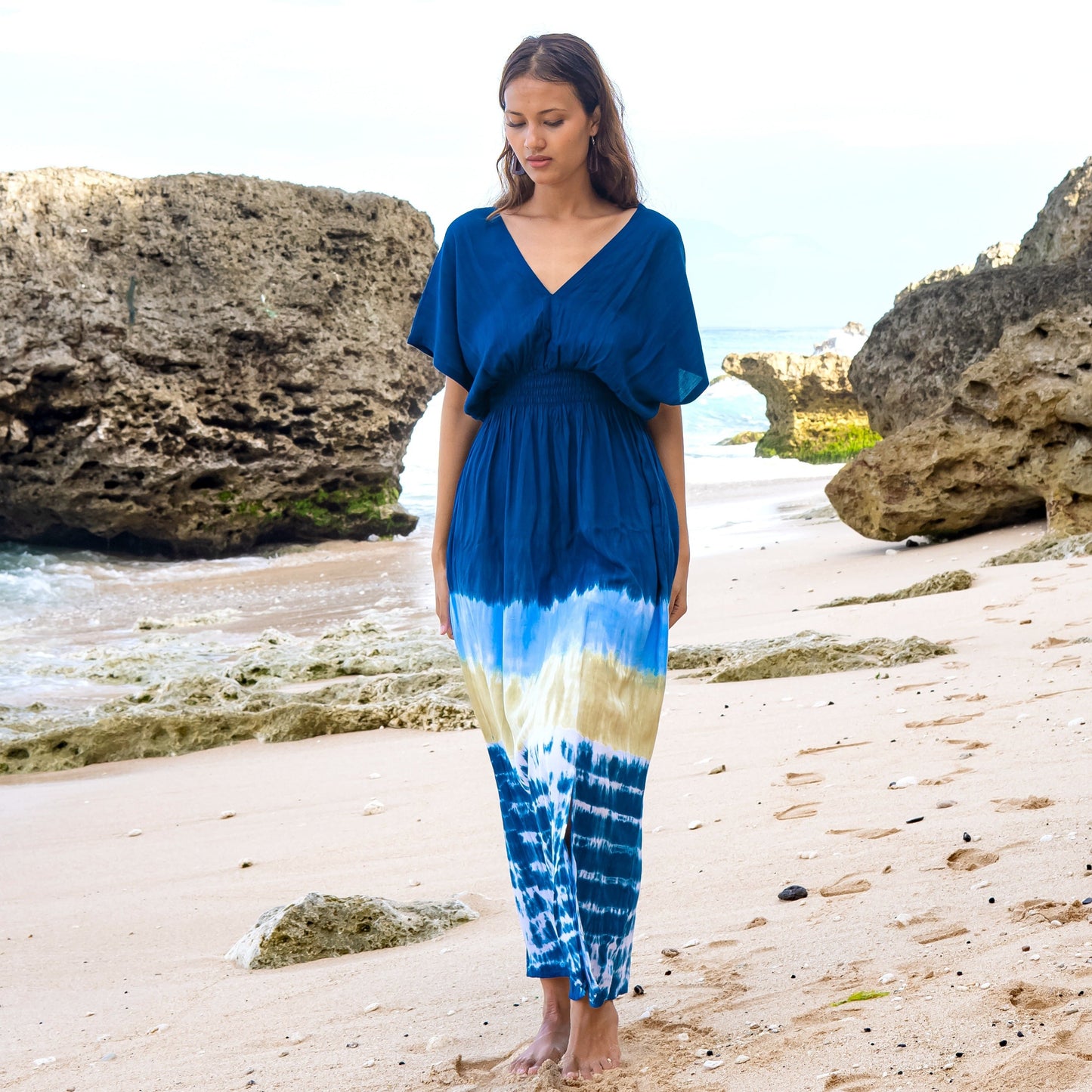 Beach Stripe & Tie Dye Maxi Dress In Navy