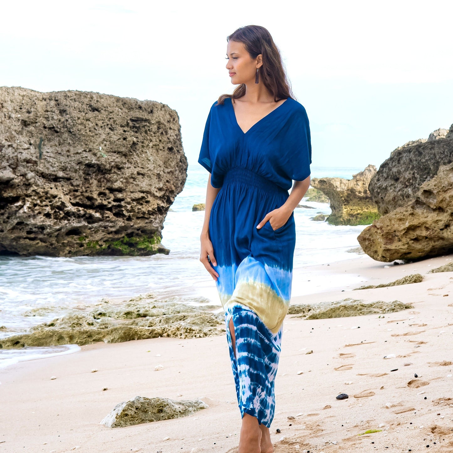 Beach Stripe & Tie Dye Maxi Dress In Navy