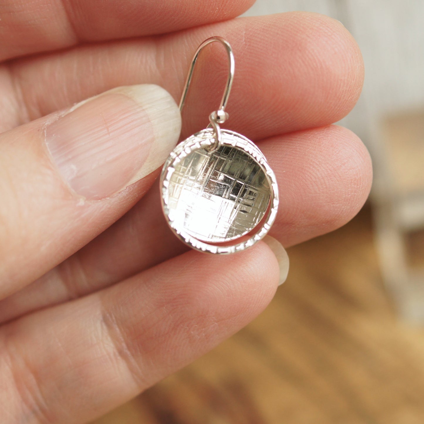 Hammered disc silver earrings