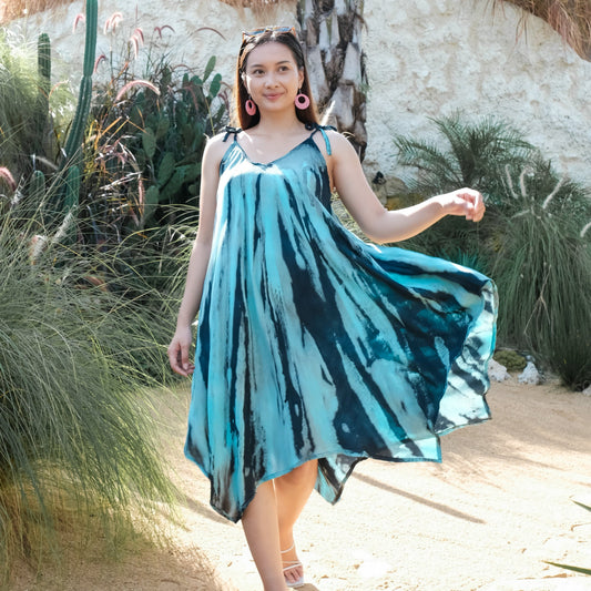 Abstract Tie Dye Handkerchief Dress - Blue