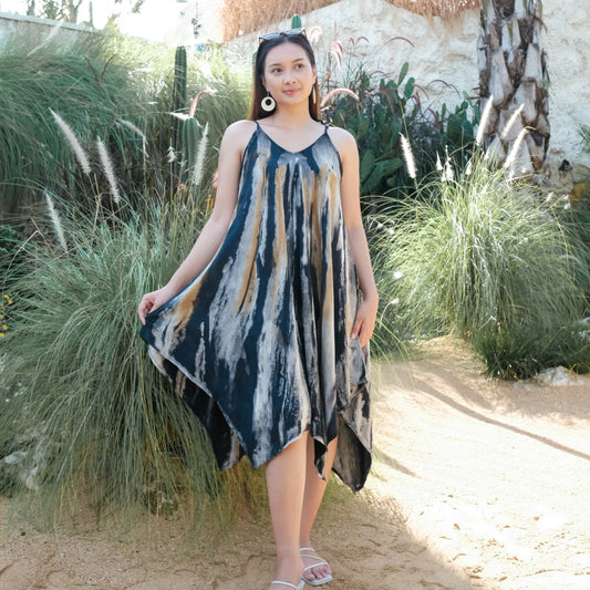Abstract Tie Dye Handkerchief Dress -  Grey & Gold