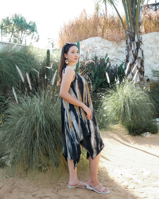 Abstract Tie Dye Handkerchief Dress -  Grey & Gold