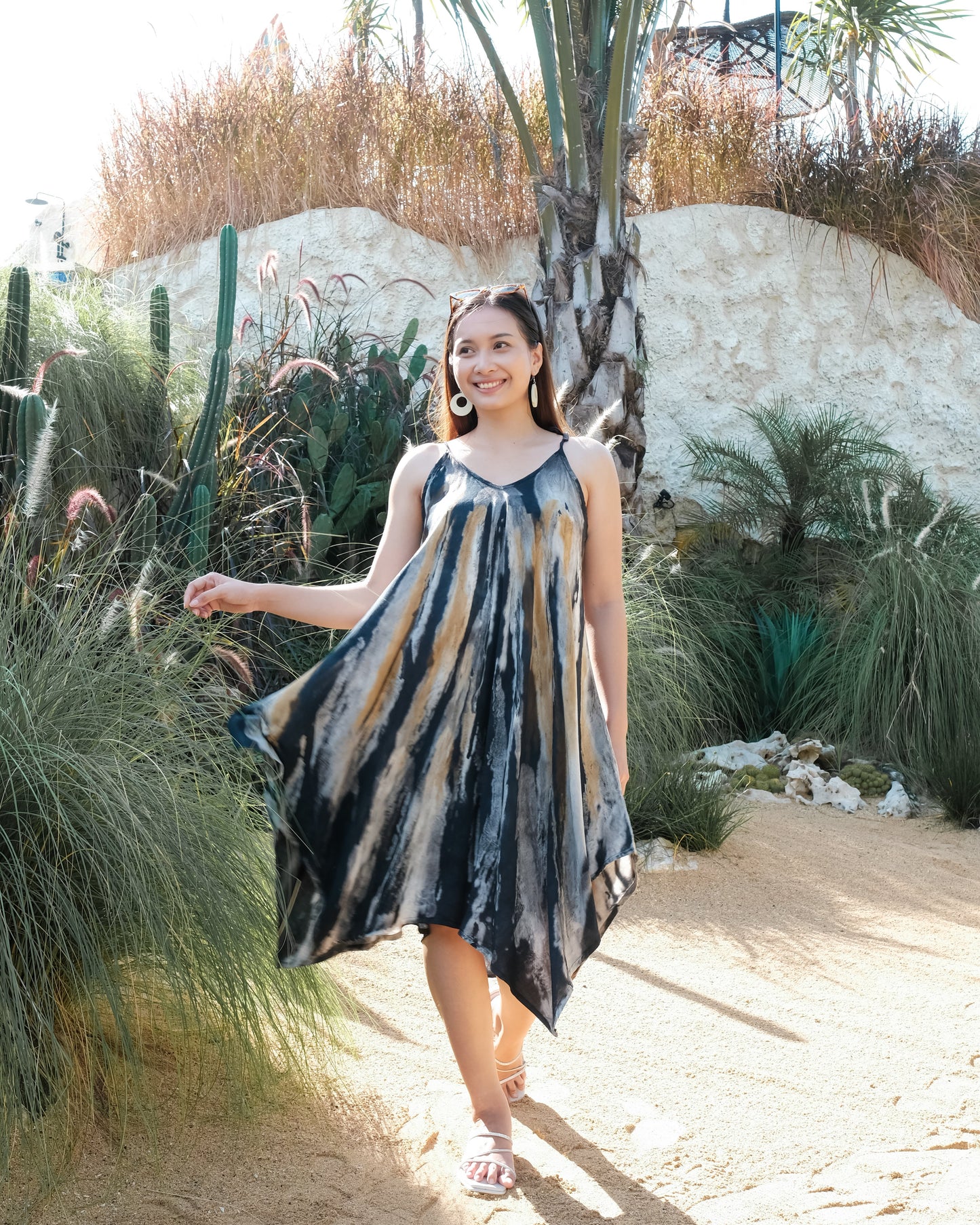 Abstract Tie Dye Handkerchief Dress -  Grey & Gold