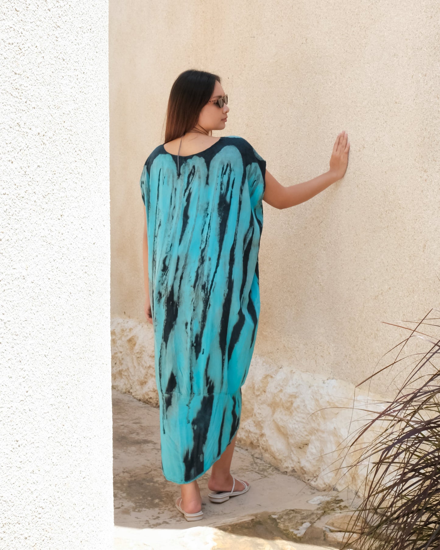 Abstract Tie Dye Design Kaftan Dress - Blue & Grey