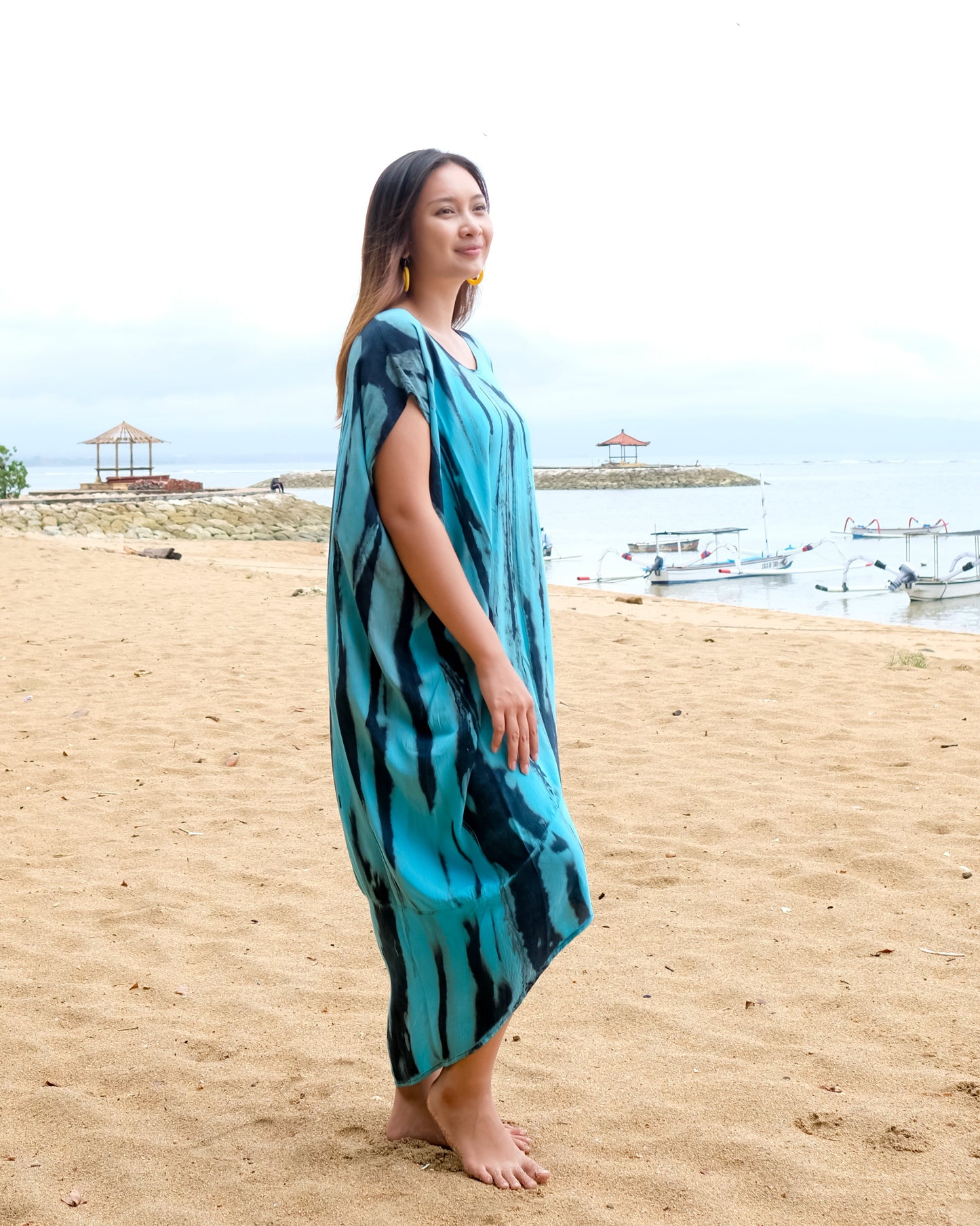 Abstract Tie Dye Design Kaftan Dress - Blue & Grey