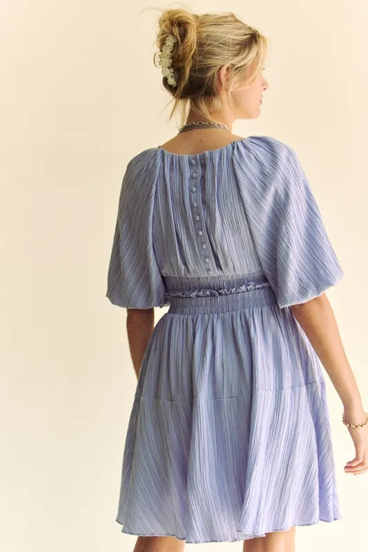 Davi & Dani Back Button Puff Sleeve Mini Dress - Velora Luxury Fashion