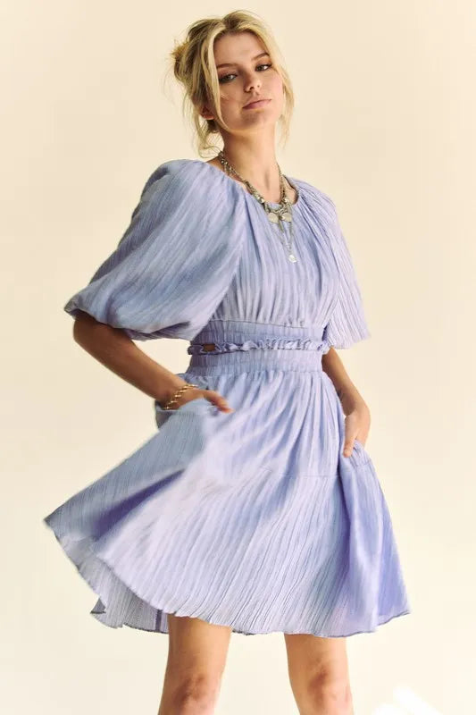 Davi & Dani Back Button Puff Sleeve Mini Dress - Velora Luxury Fashion