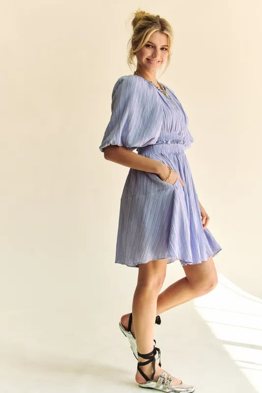 Davi & Dani Back Button Puff Sleeve Mini Dress - Velora Luxury Fashion