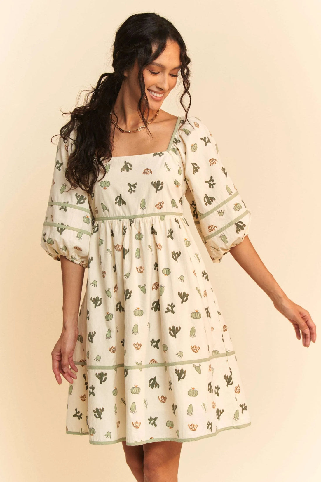 Davi & Dani Cactus Printed Poplin Contrast Piping Mini Dress - Velora Luxury Fashion