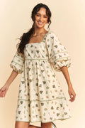 Davi & Dani Cactus Printed Poplin Contrast Piping Mini Dress - Velora Luxury Fashion