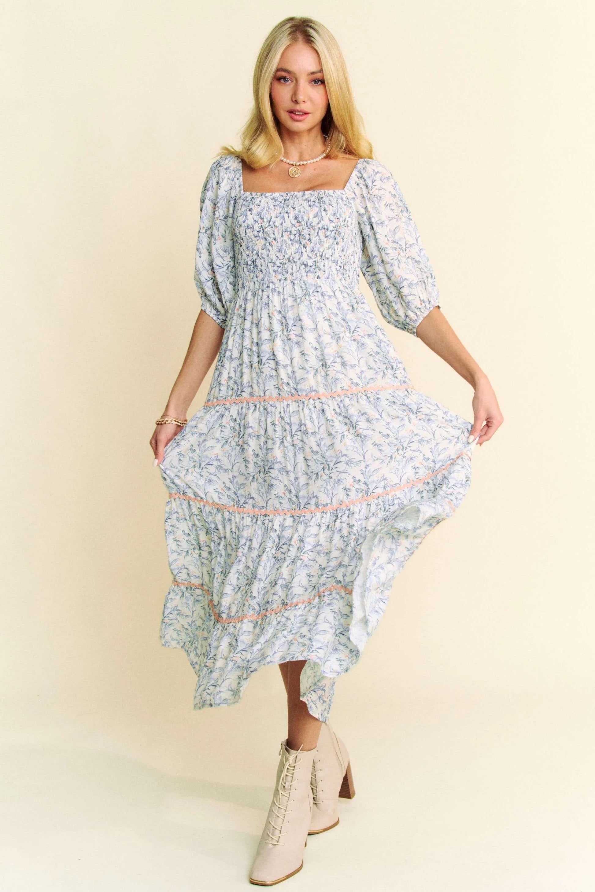 Davi & Dani Contrast Ric Smocking Bodice Tiered Midi Dress - Velora Luxury Fashion