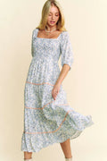 Davi & Dani Contrast Ric Smocking Bodice Tiered Midi Dress - Velora Luxury Fashion
