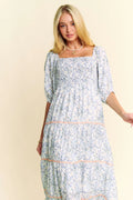 Davi & Dani Contrast Ric Smocking Bodice Tiered Midi Dress - Velora Luxury Fashion